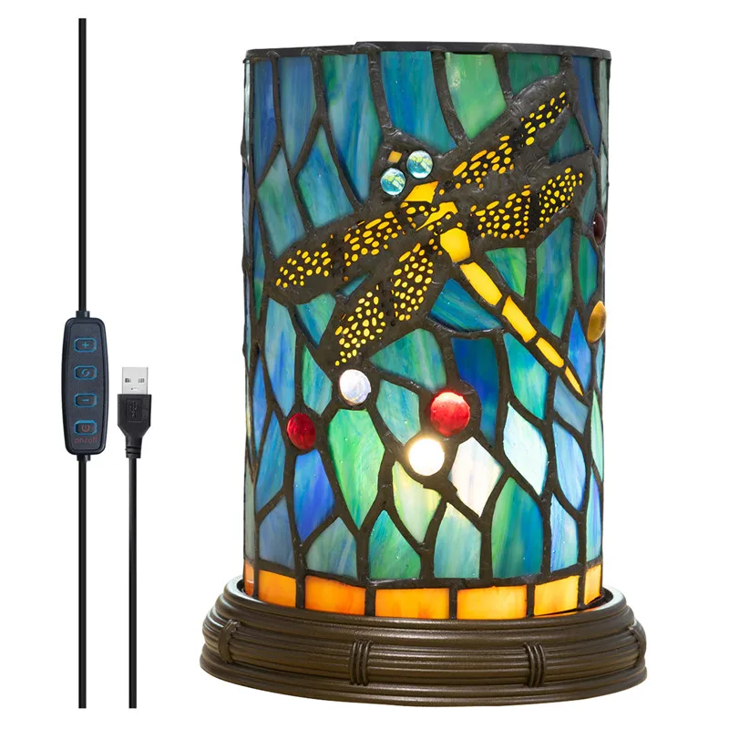 European Retro Creative Stained Glass Night Light With USB Tricolor Light LED Study Pen Holder Decorative Desk Lamps