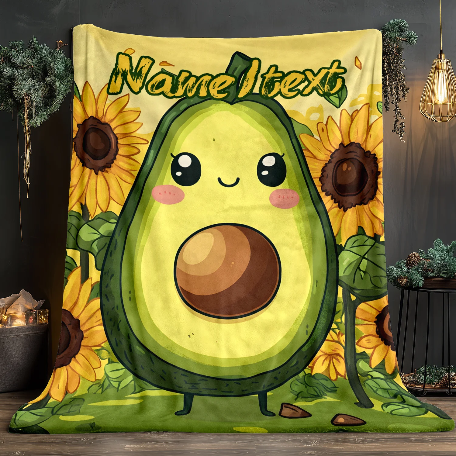 Customized name avocado themed flannel blanket - soft, lightweight and warm, with cute cartoon avocado design, suitable for sofa