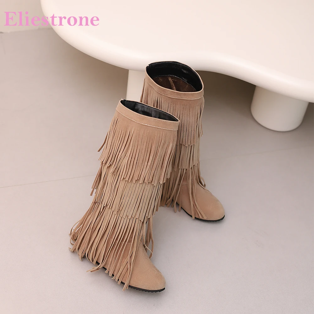 

2025 зимние новые удобные абрикосовые черные женские сапоги до колена с кисточками на средней танкетке, женская обувь плюс большой размер 43 46 48