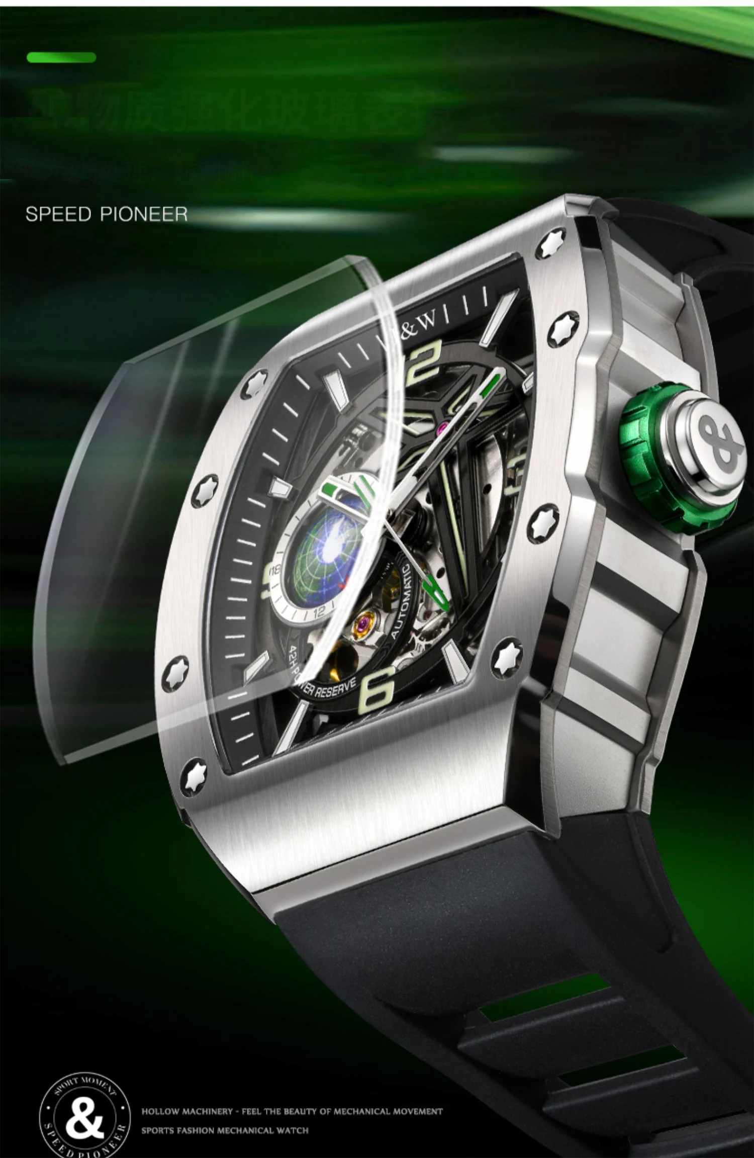 I & W ساعة أوتوماتيكية للرجال فاخرة 42*49 مللي متر Tonneau ساعة يد ميكانيكية 50 متر مقاوم للماء هيكل عظمي مضيء 24 ساعة حزام مطاطي