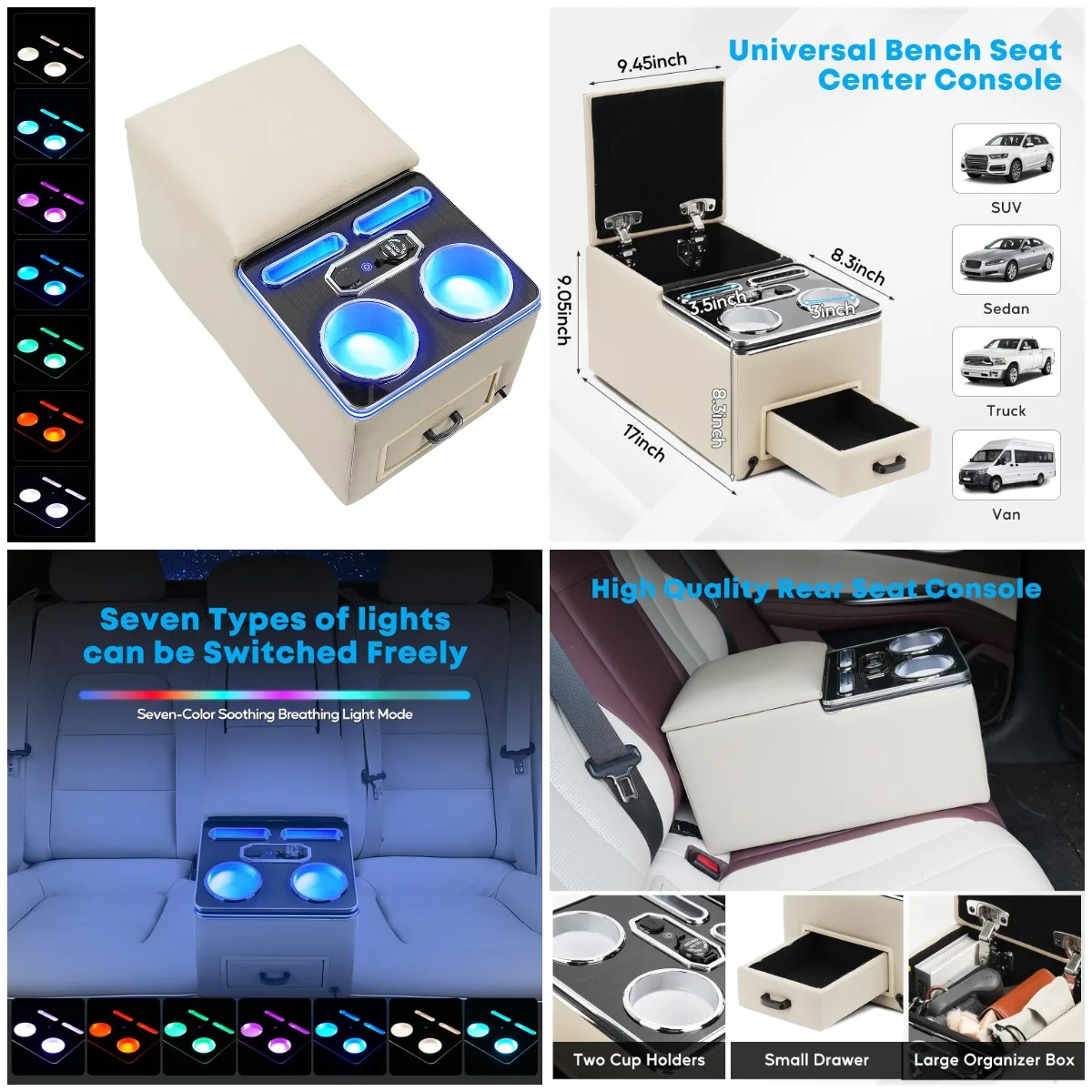 

Универсальный органайзер на подлокотнике заднего сиденья с быстрой зарядкой и 7-цветным светодиодом, бежевый