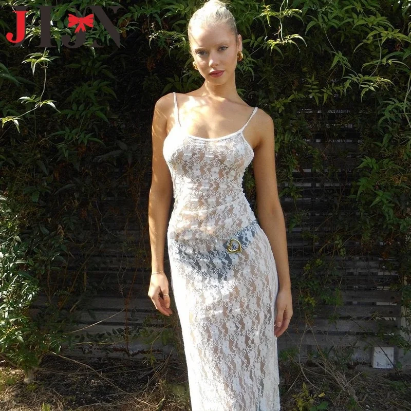 فستان بحمالات نسائي من الدانتيل الأبيض من JHJN شبكي شفاف من خلال طباعة الأزهار فيستدو بطول منتصف الساق ملابس نوادي هوتيز قابلة للتنفس