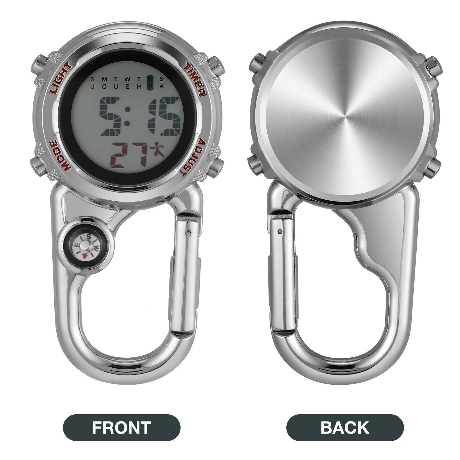 1Pcs Compact Clip on Watch Pocket Style Carabiner Hook with Compass Time Date Function for Outdoor Climbing Camping Backpack Use