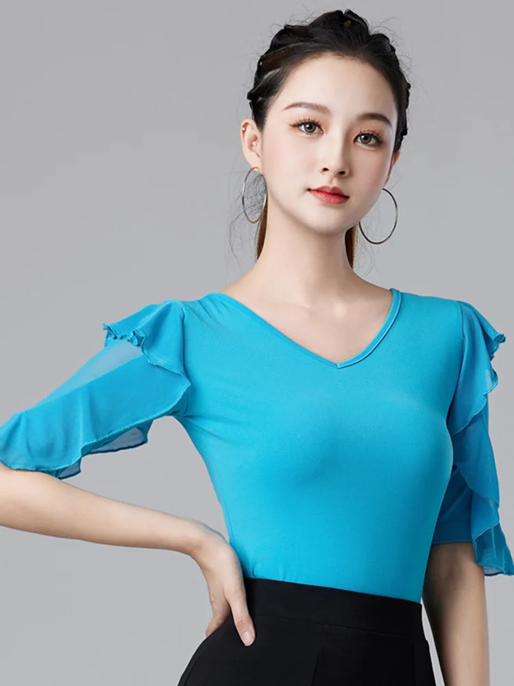 Haut de salle de bal latine pour femmes, coupe cintrée, couleur unie, manches à volants, demi-longueur, vêtements de danse, Tango Samba Rumba, pratique de Performance sur scène