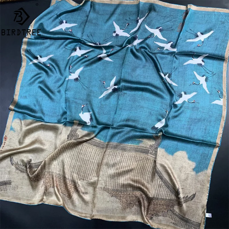 

Шелковый платок BirdTree, 100% шелк, с принтом в китайском стиле, элегантный платок для мамы, новинка весны 2024, шаль A41511QM