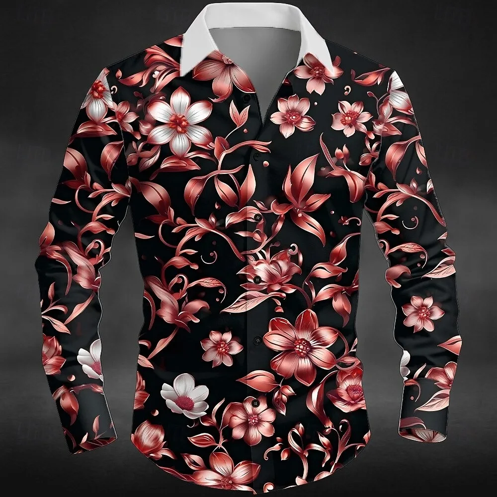 New men's 3D Printed Rose Shirt With Lapel And Long Sleeved Casual Hawaiian Style Fashionable Shirt Top