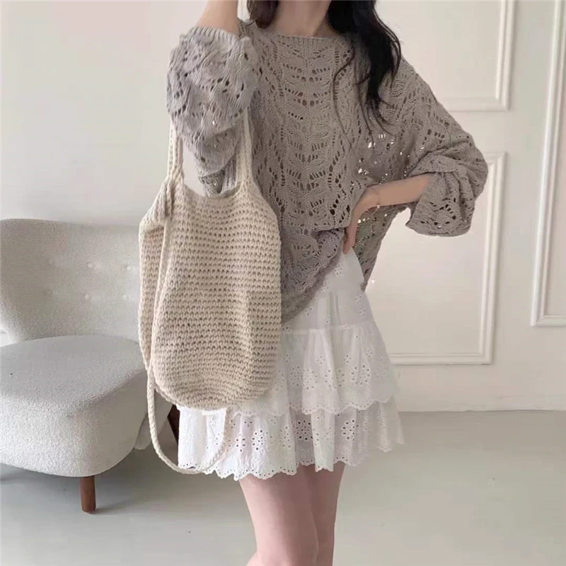 Korean Fashion Elegant Hollow Out Design Oversized Sweater Women Spring Summer Autumn Ladies Pullover Pull Femme Cheap Wholesale