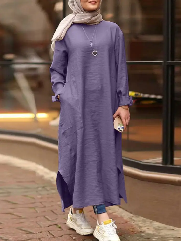 

ZANZEA 2023 Kaftan Muslim Maxi Dress Women's Islamic Sundress Long Sleeve Vestidos Female Casual Solid Robe Femme