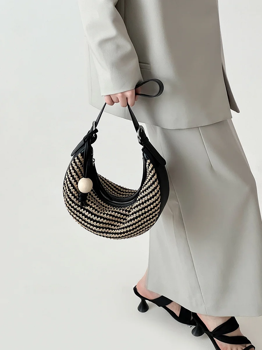 

Double R Hanrted Semi-Circular Underarm Bag Women's Crossbody oulder Bag Soft Cotton Leisure Casual Sle