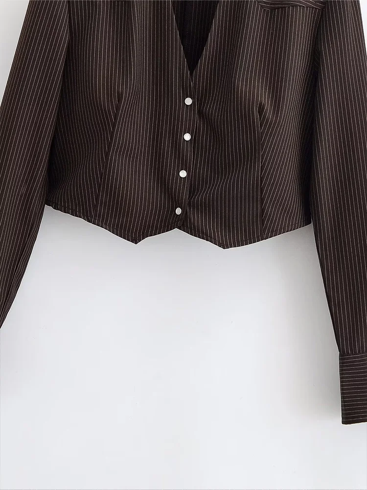 HH femme élégant simple boutonnage rayures chemise courte ample femmes printemps déplacements polyvalent manches longues Streetwear col en v hauts