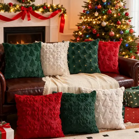 Plush Jacquard Christmas Pillow Cover Soft Home Decor Christmas Living Room Sofa Throw Cushion Cover Embroidered Pillowcase
