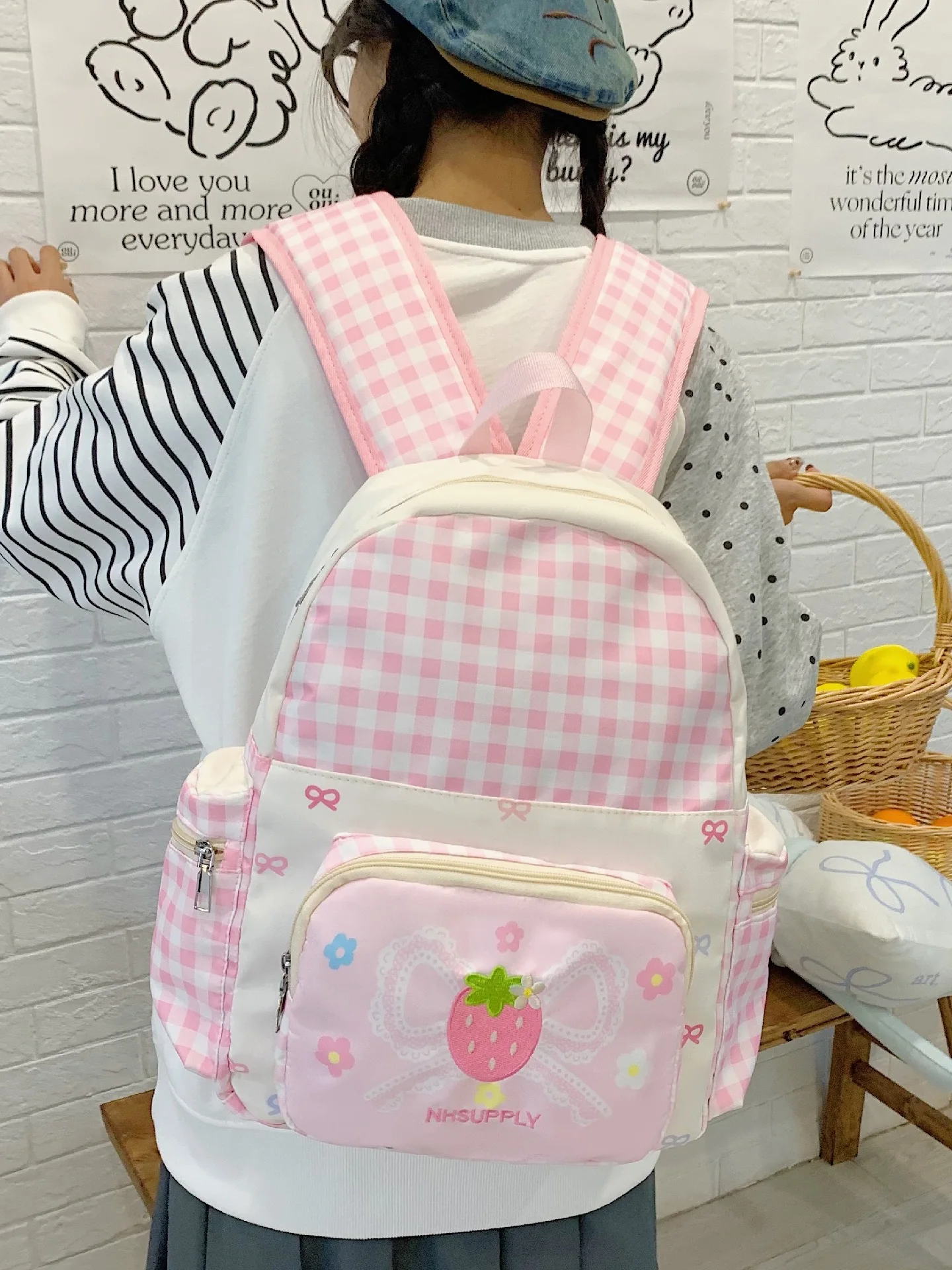 

Cute Korean Sle Student Bapa id Pattern Girls School Bag Multi-Carent Waterproof Zipper Closure Casual Laptop Bag