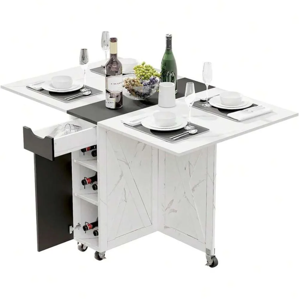 Folding Dining Table with 6 Lockable Wheels, Space Saving Kitchen Table with Storage Cabinet, Drawer and Shelves, Expandable Drop Leaf Mobile Work Table for Small Spaces, Dining Room, Light Brown, Multi Purpose Foldable Breakfast Desk, Bar Counter, Home