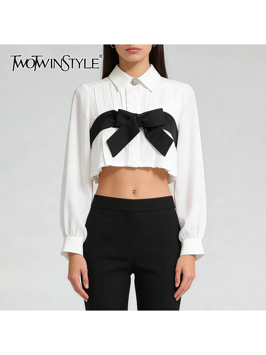 

TWOTWINSTYLE Fashion Spliced Bowknot Short Shirts for Women Lapel Long Sleeves Patchwork Pleating Elegant Shirt Female Clothing