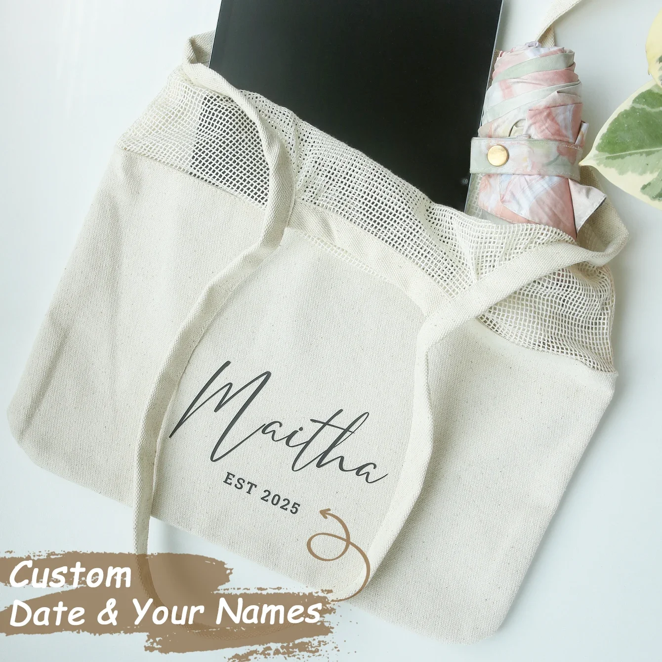 Handliche Faltbare Einkaufstasche aus Netzstoff mit Personalisiertem Namen, Wiederverwendbare Organizer-Tasche, Umweltfreundliche Canvas-Tragetaschen