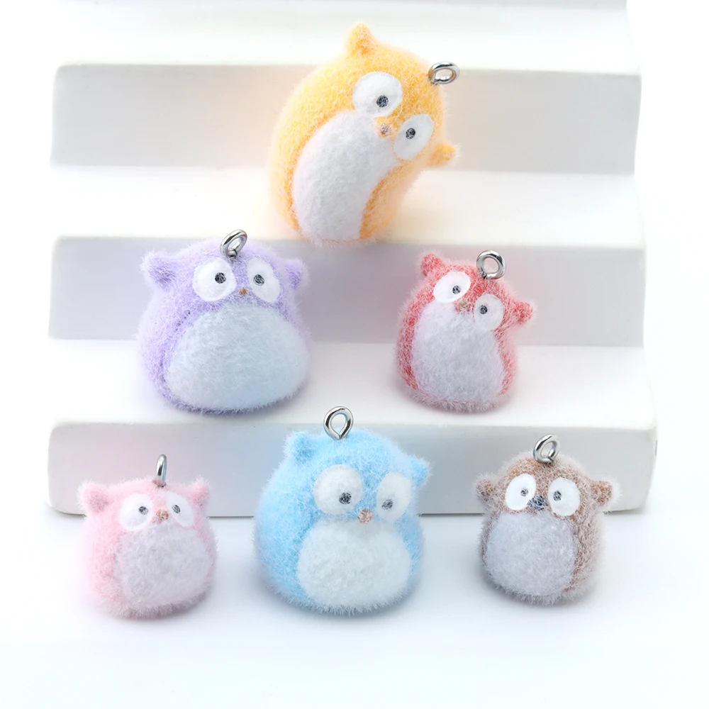 24pcs 3D Flocking Resin Colorful Owl Charms Animal Plush Dolls Pendants for Keychain Earrings Making DIY Jewelry Accessories