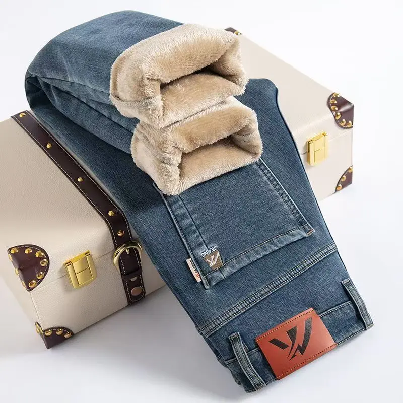 

Winter Fleece Thick Warm Jeans Men's Slim Straight Elastic Denim Pants Casual Male Clothing Fashion Plush Trousers