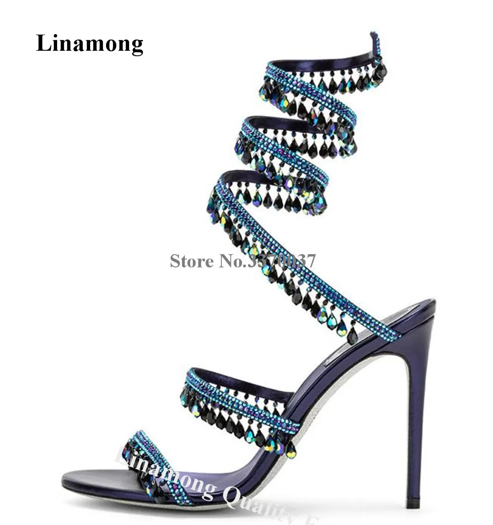 

Linamong Snake Shaped Rhinestones Thin Heel Sandals Open Toe Blue Black Gold Beads Wraped Stiletto Heel Wedding Shoes
