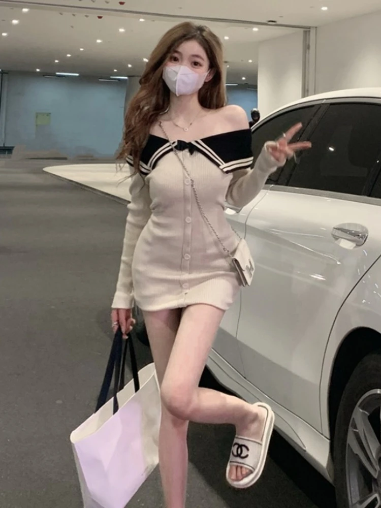 Vestido curto f de malha, manga crida, sexy, um ombro, bloco colorido, saia cobrindo o bumbum, temporada primavera