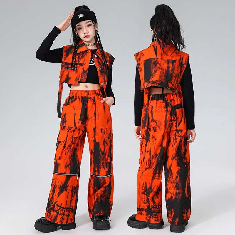 Costumes de danse jazz moderne pour filles, pantalons glacés orange, streetwear imbibé, vêtements de performance hip hop pour enfants, DQS17989, nouveau, 2024