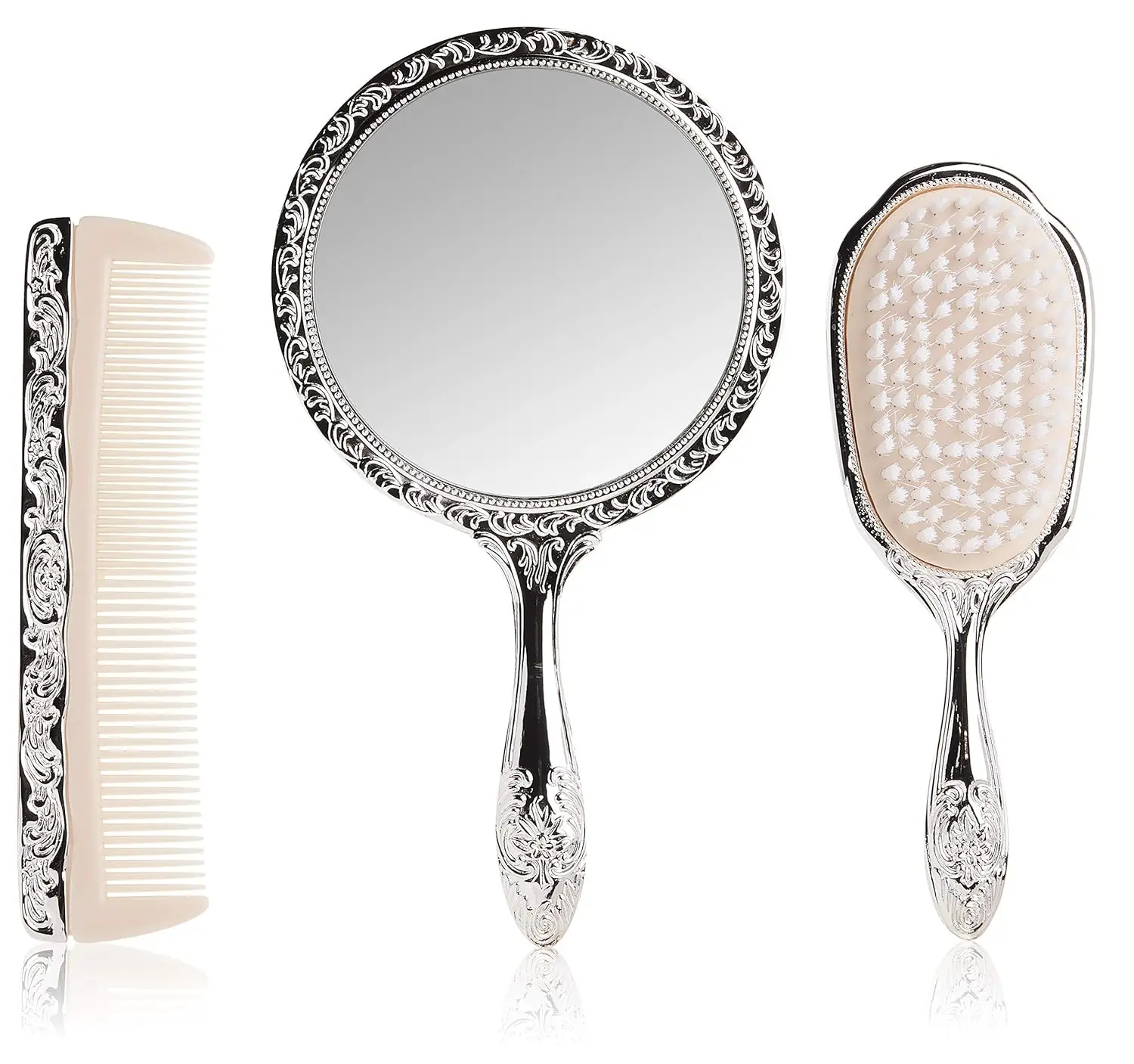 

3-Piece Silver Chrome Girls Vanity Set with Comb, Brush, and Mirror for Kids
