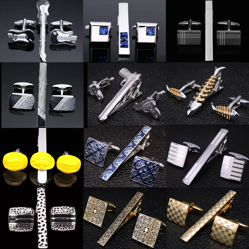 a set High quality brass enamel necktie clip cufflink suit men\'s business dress accessories French shirt cufflink tie clip set