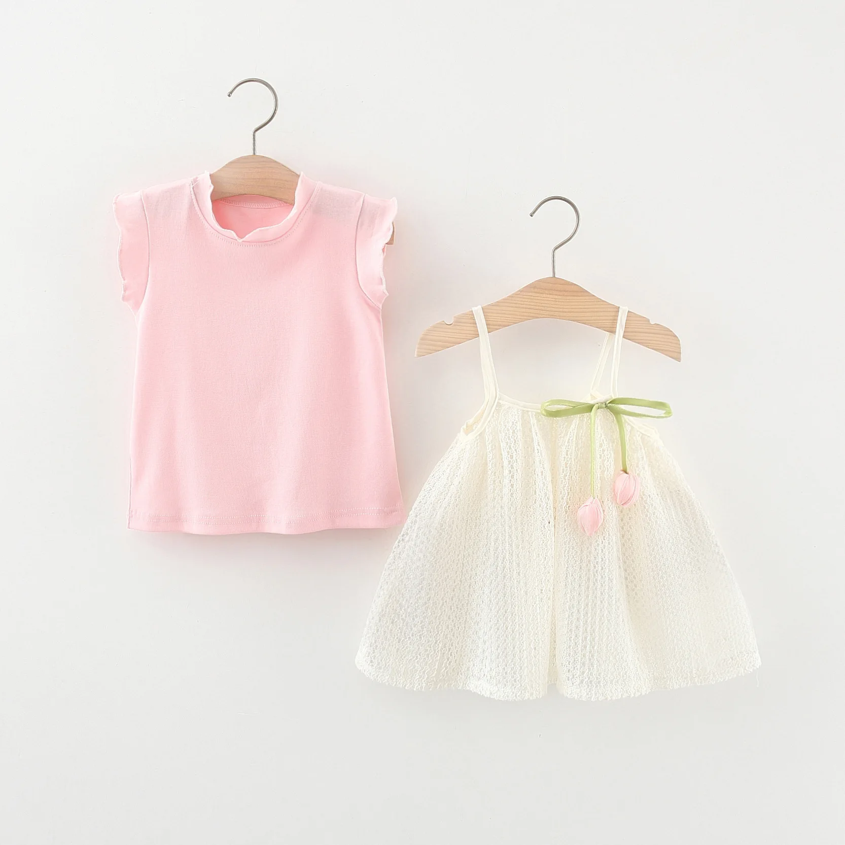 2Pcs/Set Summer Tulip Lace Suspender Baby Girl Dress Two-Piece Set Cute Short Sleeved Girl Princess Dress