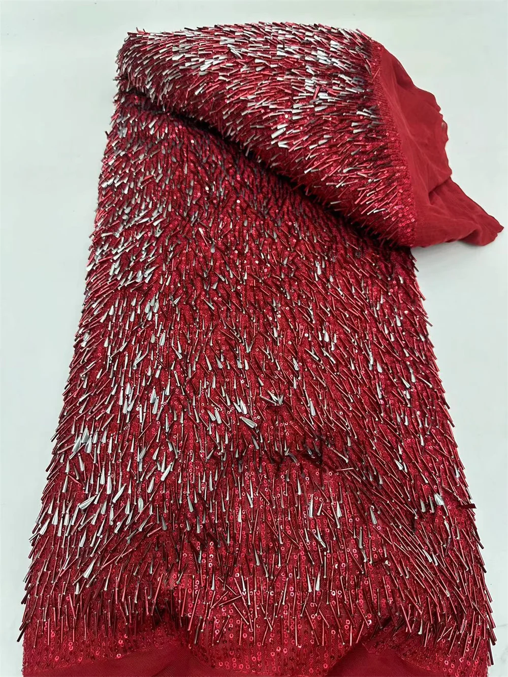 2024 lusso rosso elegante ricamo paillettes pizzo di alta qualità tubo africano perline tessuto di pizzo per abito da cucito da sposa 5yarA119-1