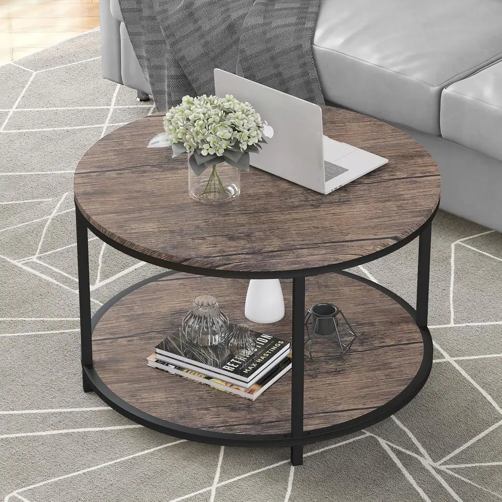Modern 2-Tier Light Walnut Coffee Table with Storage, 25.6 Small Living Room Furniture