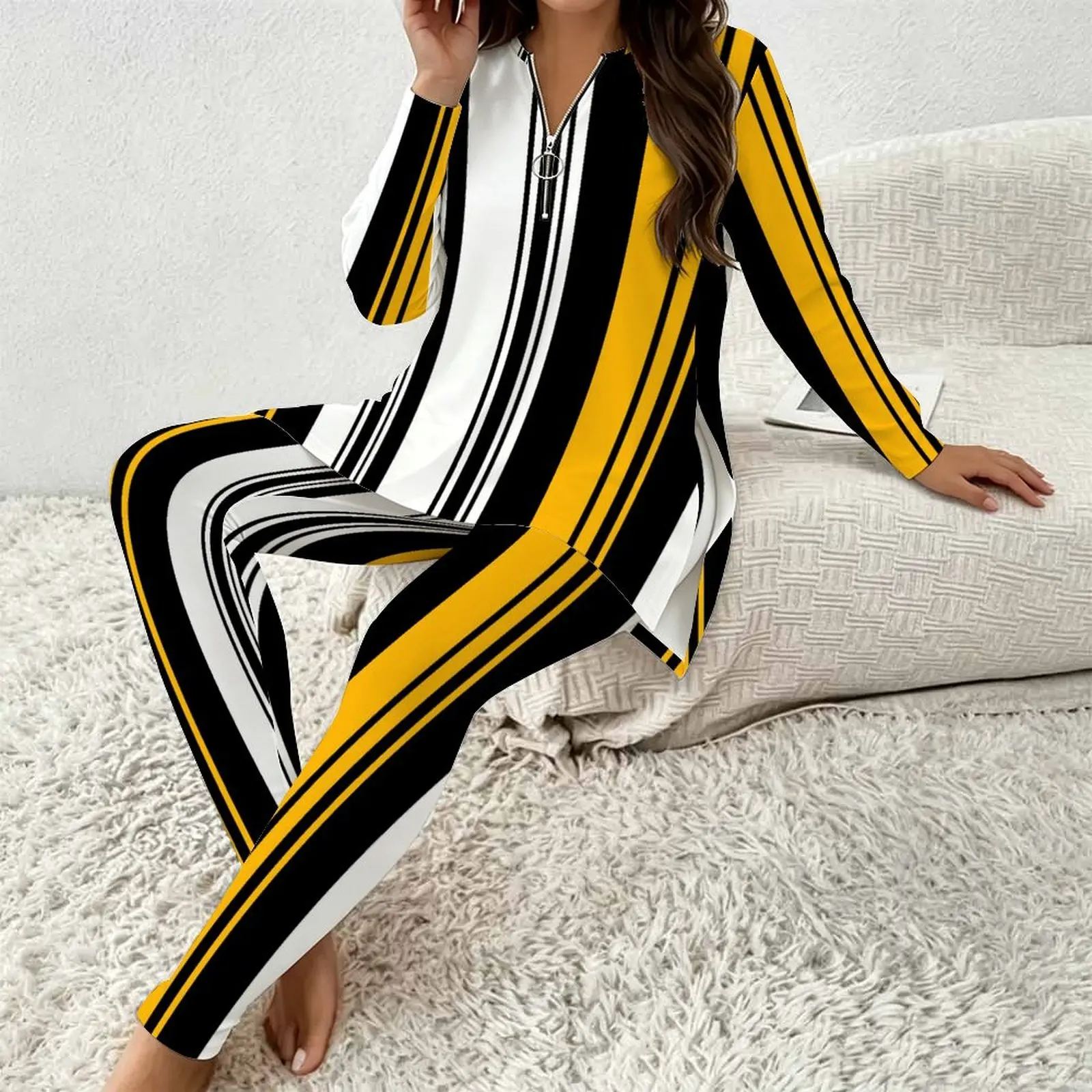 Women Pants Set with Print Front Zip Long Sleeve Longline Top Fitted Pants Two Piece