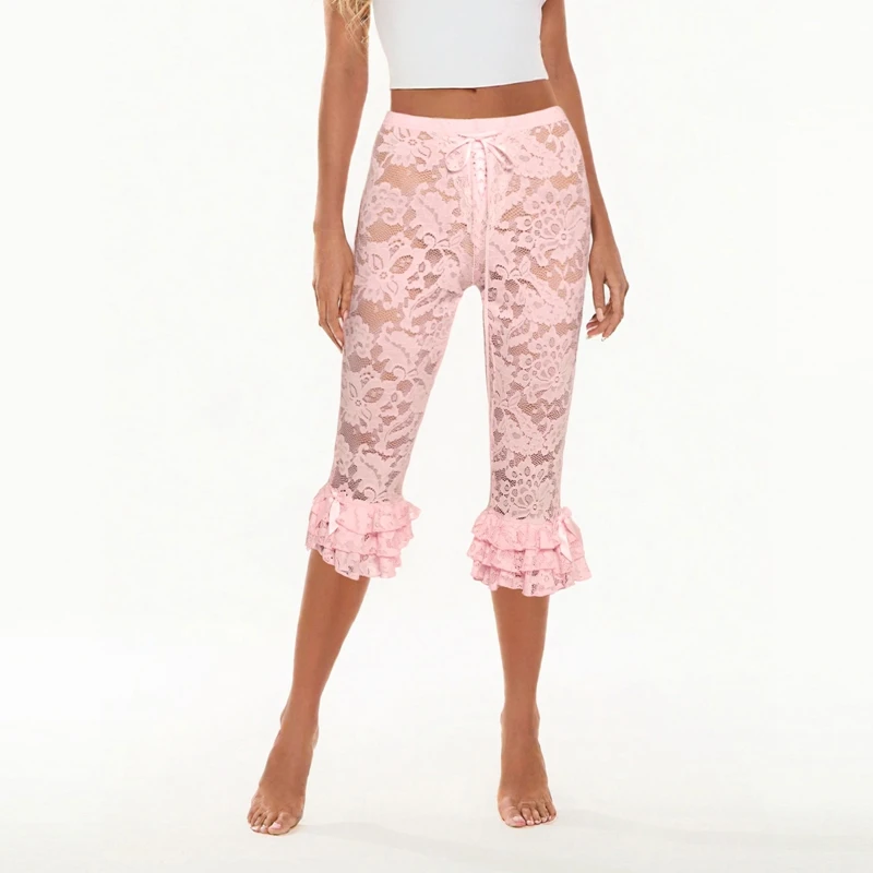 Coquette See-Through High Waist Ruffles Hem Trousers Women Floral Lace Capri Pants Summer Casual Pants Stretch Crop Leggings