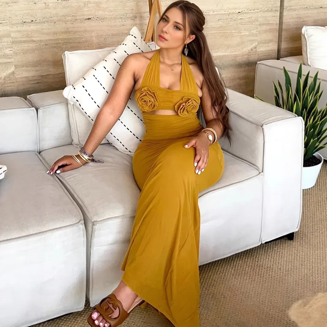 Women's Clothing 2026 Autumn Sweet Fresh Halter Neck Three-Dimensional Flower Decoration High Waist One-Step Dress Long Dress