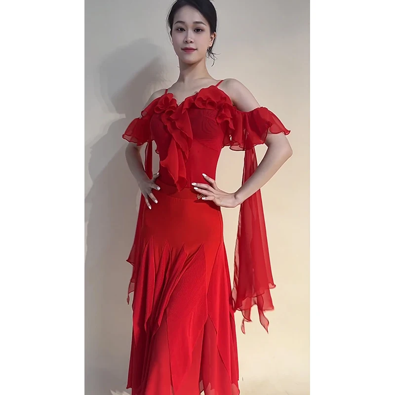 Red Ballroom Dance Clothes Off Shoulder Ruffled Tops Long Skirt Waltz Dance Dress Performance Costume Latin Competition Dress - Image 2