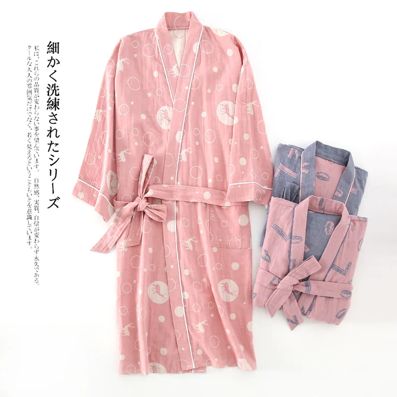 

Japanese 100% Cotton Double Gauze Jacquard Kimono Absorbent Bathrobe Ladies V-neck Long Yukata Nightgown Pajamas