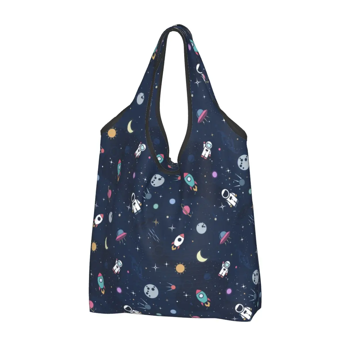 Funny Printing Space Astronaut Spaceship Tote Shopping Bag Portable Shoulder Shopper Universe Sun Planet Handbag