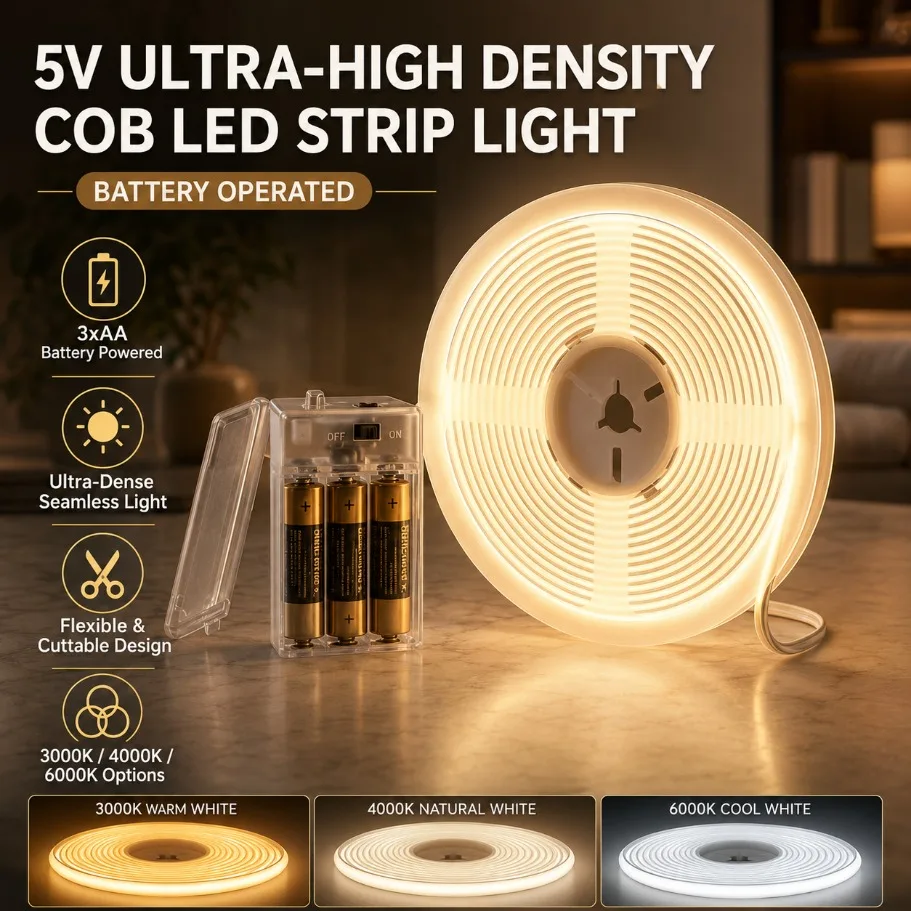 3AA Battery Powered DC5V COB LED Strip 8mm PCB 320LEDs/m Warm/Natural/Cool White Flexible Tape for Cabinet TV Bedroom Backlight