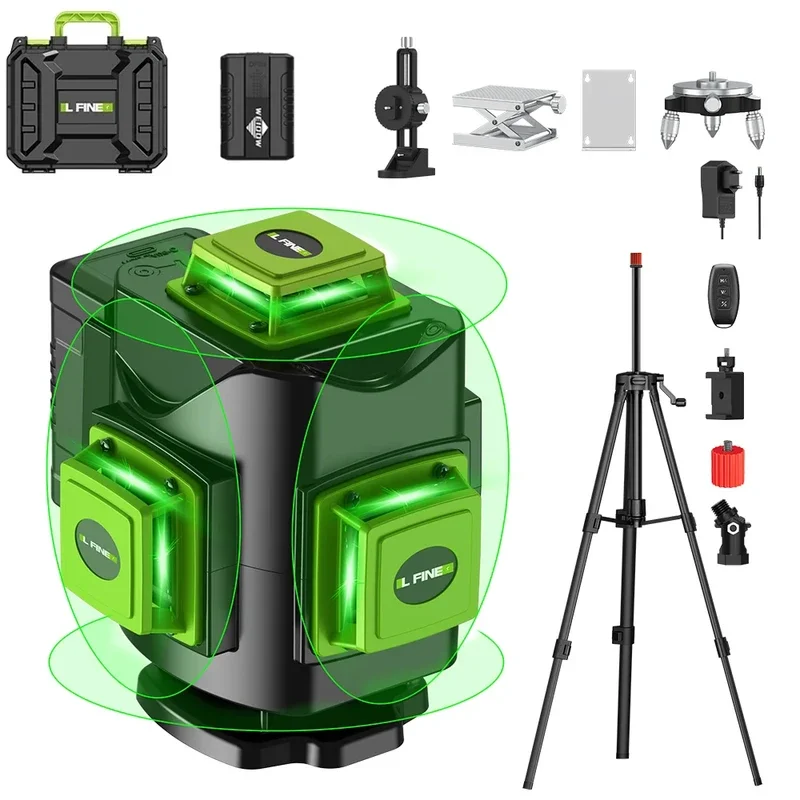 LFINE Nivel Laser 4D 16 Lines 360 Self-Leveling Professional Laser Level with Tripod Suitcase Horizontal And Vertical Green Line