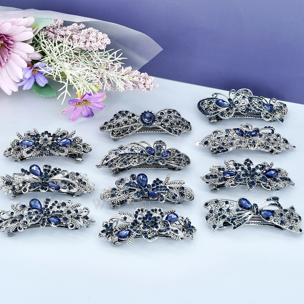 Royal Blue Spring Hair Clip Women\'s Rhinestone Hairpin Black Flower Hair Accessories Retro Style Ponytail Hair Barrette Y0517