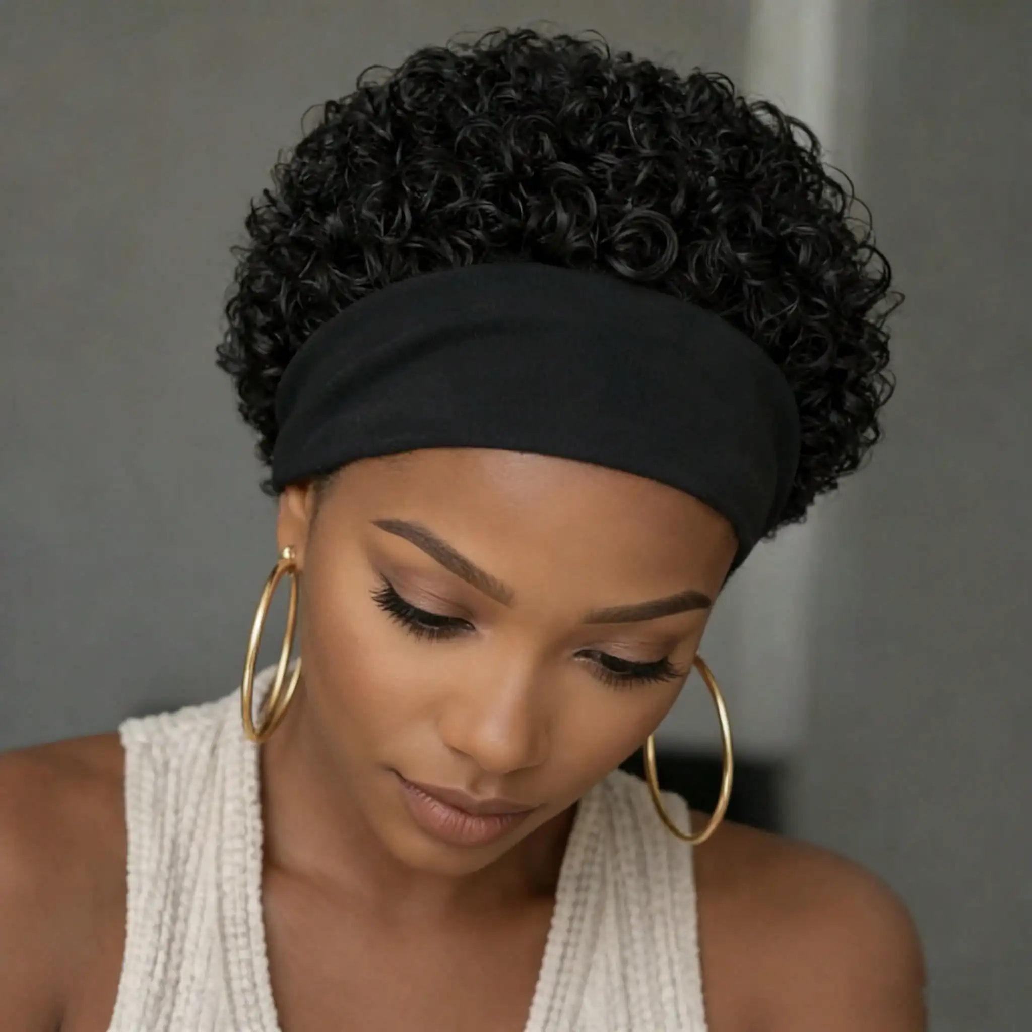 Short Curly Human Hair Wig with Headband for Women