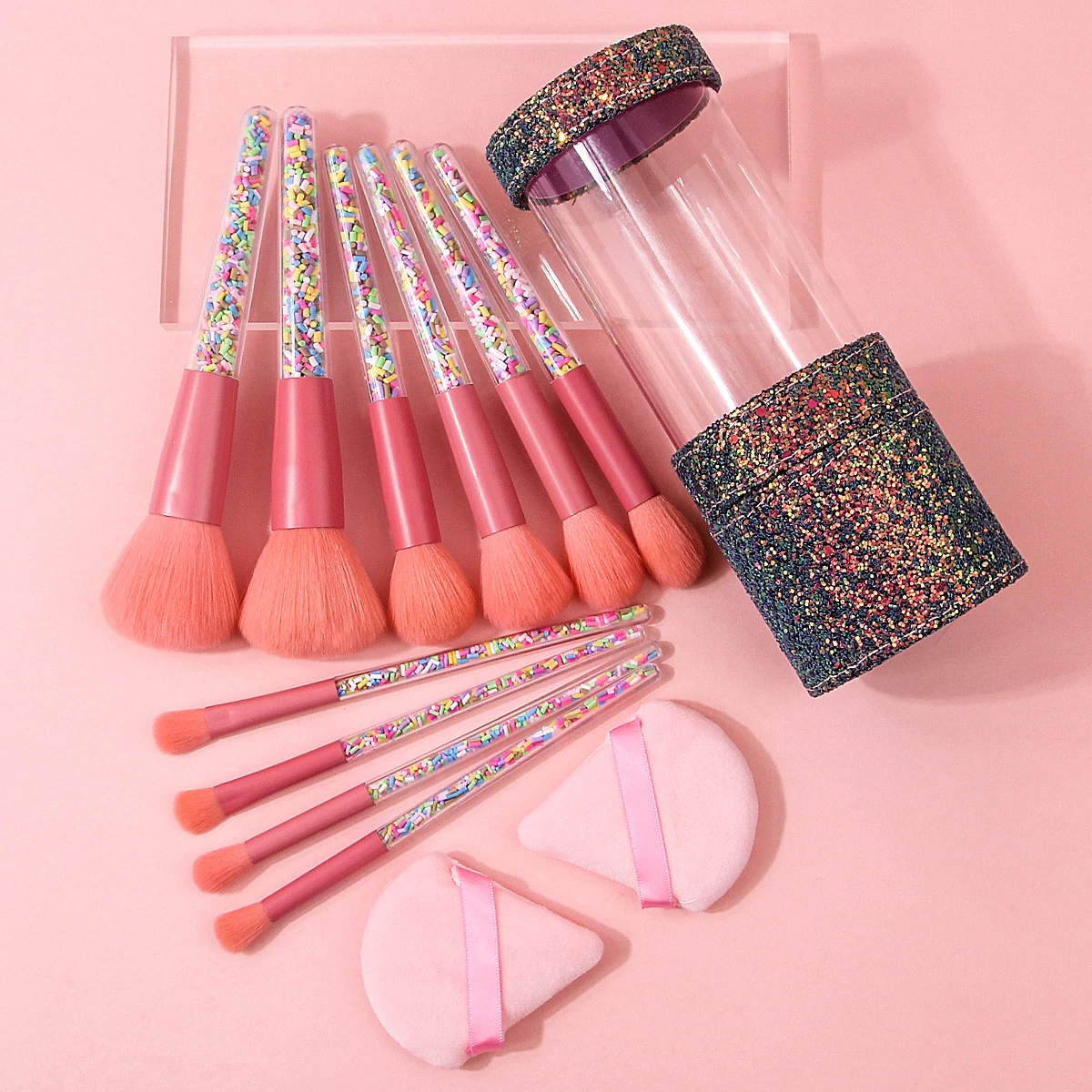 Juego de brochas de maquillaje facial multifuncional, 10 Uds., 2 uds., esponja triangular para polvos + 1 Uds., cubo de almacenamiento de lentejuelas de gran capacidad