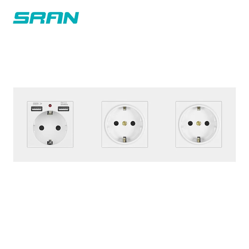 SRAN Wall 3 frame power socket eu grounded electrical plug,socket with usb PC panel 258mm*86mm white/black/gold