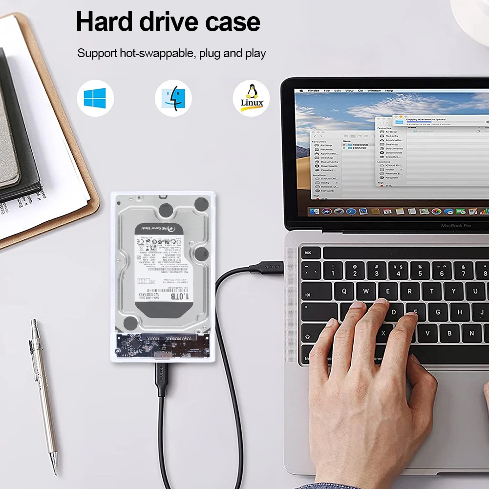 Caixa de disco rígido transparente, caixa externa móvel, gabinete sem ferramentas, USB 3.0, 2.5 ", SATA, SSD, 6Gbps