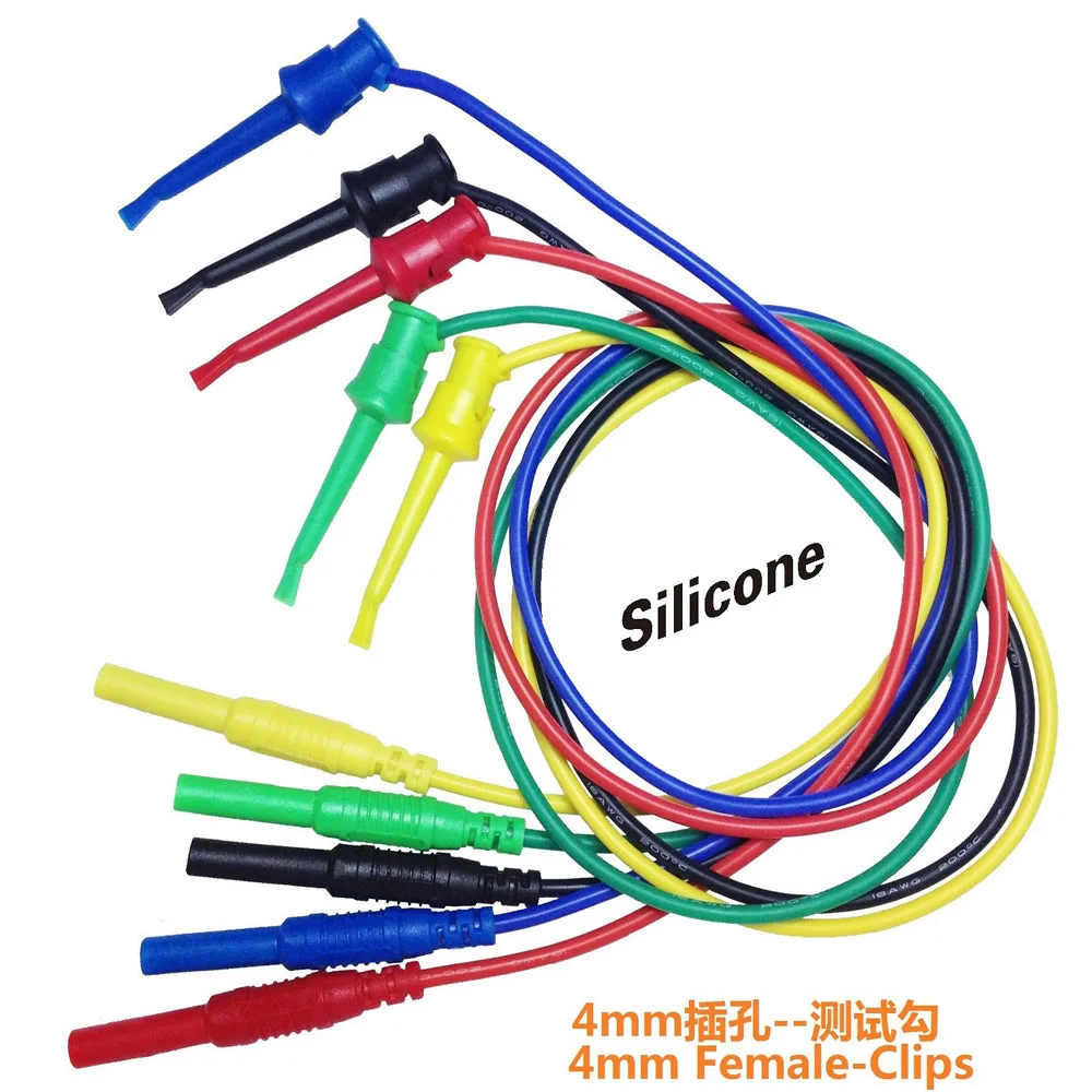 5 Pieces test hook clip with 4mm banana socket 16 AWG ultra soft silicone moulded 5 colors,50cm cable