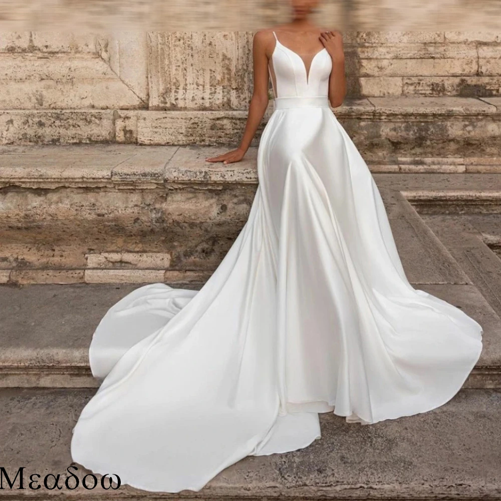 Vestido de novia Formal de satén blanco personalizado, Espalda descubierta, Sexy, con cuello en V, fiesta nupcial de alta calidad, cinturón exquisito, vestidos de novia delicados