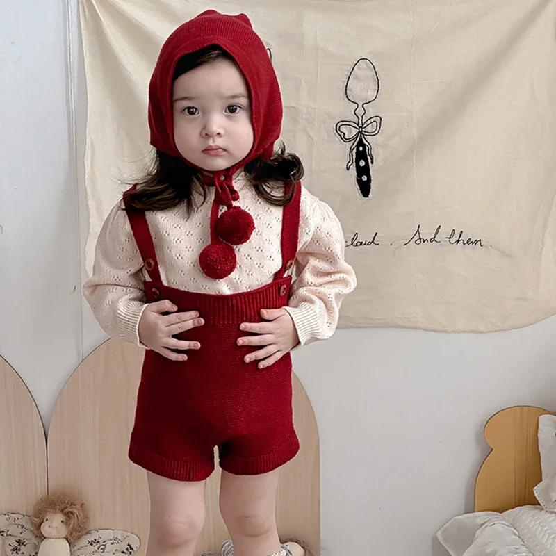 2025 New Autumn Christmas Toddler Baby Girls Clothing Sets Long Sleeved Knitted Sweater+Jumpsuit+Hat  New Year Clothes Suit #6