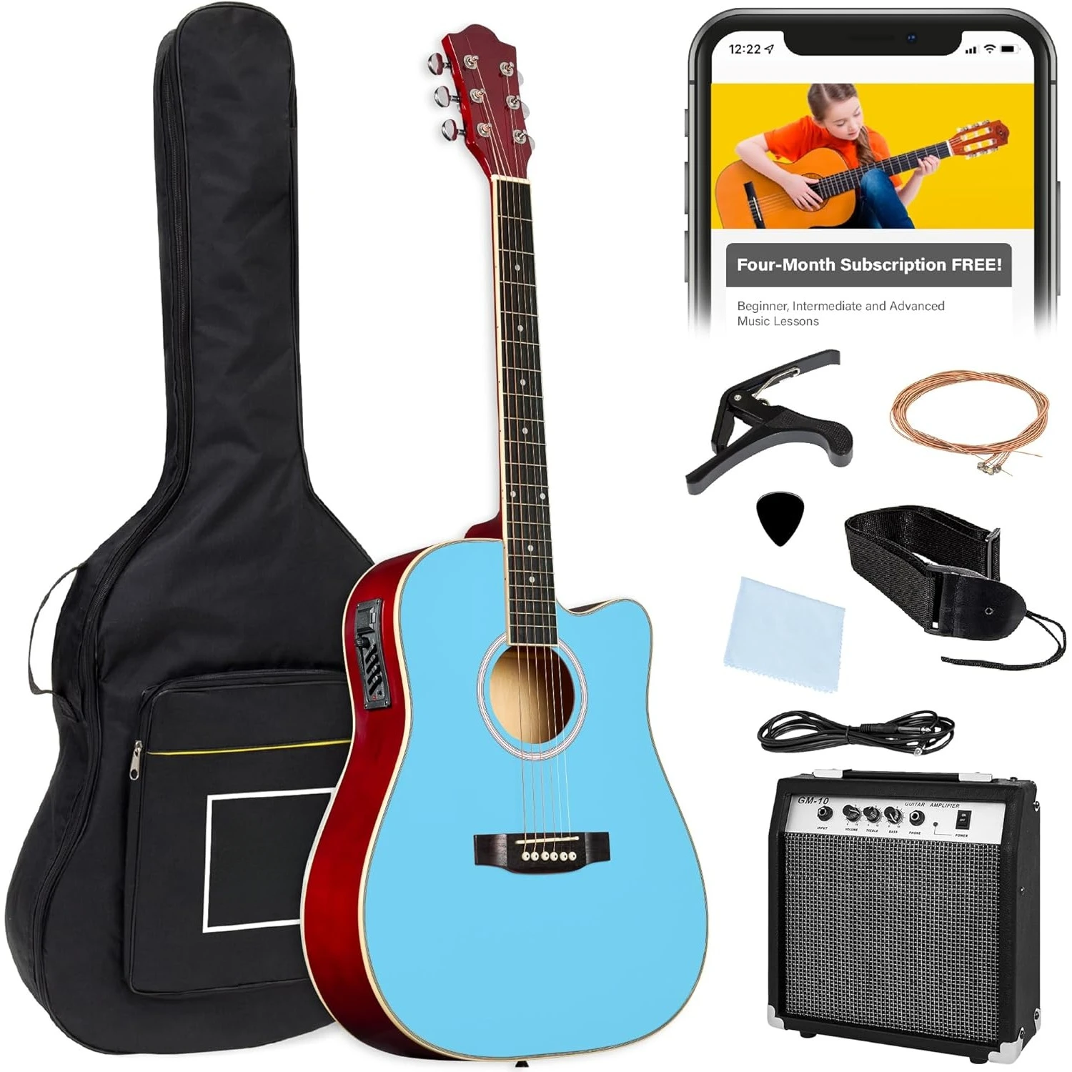 

Beginner Acoustic Electric Guitar Starter Set w/ 41in, All Wood Cutaway Design, Gig Bag, Strap, Picks - Sky Blue