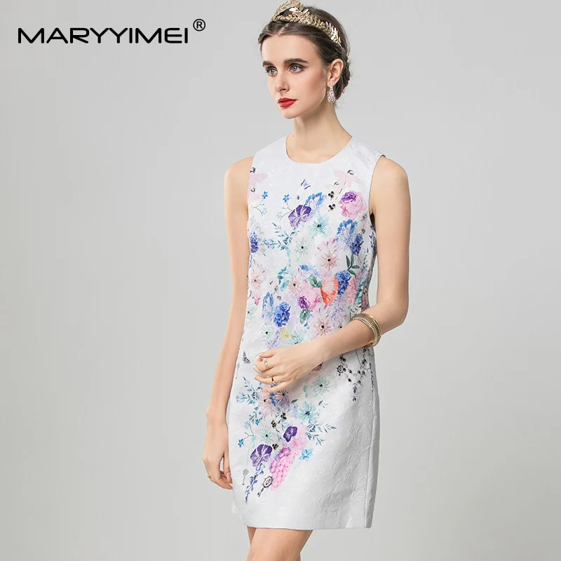

MARYYIMEI High Quality Sleeveless Jacquard Beading Dress For Women Elegant Print Short Dresses Spring Summer 2025 New