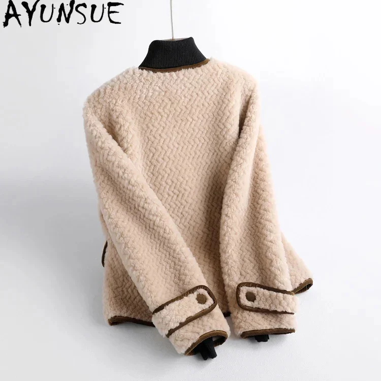 Elegant AYUNSUE Granular Wool Jacket for Women New Autumn Winter Short Sheep Shearing Coat Round-neck Ladies Coats and Jackets