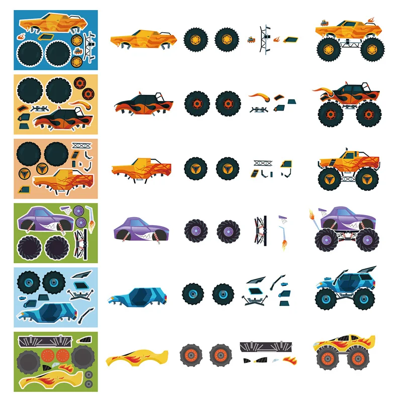 6-24Sheets Cool Monster Truck Sticker Kids DIY Make Your Own Car Sticker Cartoon Racing Tuck Puzzle Assembling Jigsaw Boys Toys