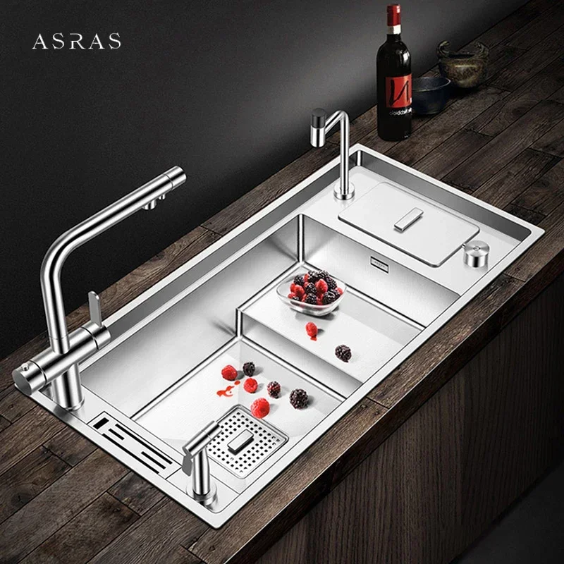 ASRAS 304 Stainless Steel Kitchen Stepped Sink 4mm Thickness 220mm Depth Large Size Handmade Brushed With Trash Can Sink